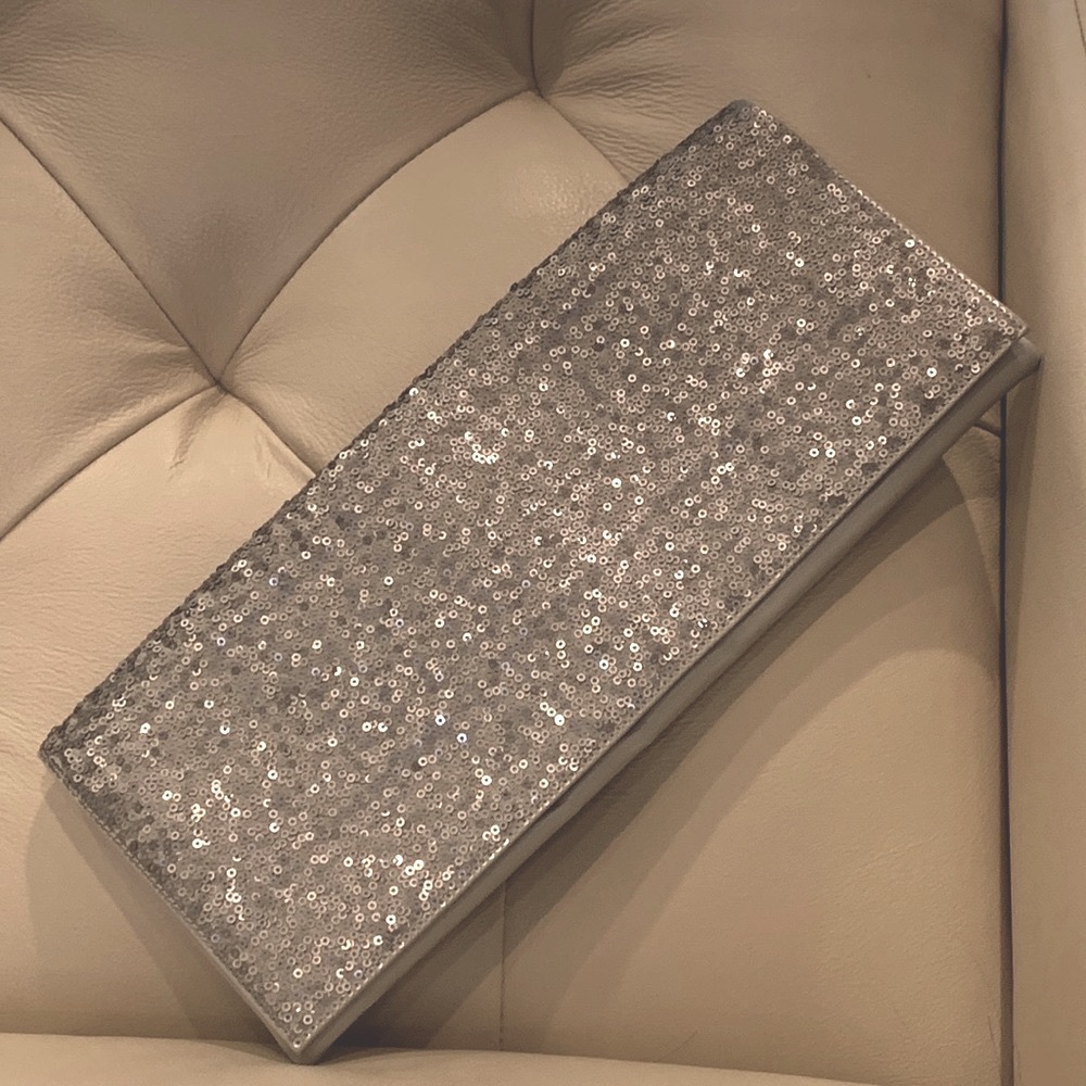 Banana Republic silver metallic sequin clutch with satin back fabric